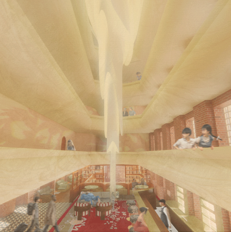 A render showing a dramatic mezzanine and textile installation flowing down through the space.