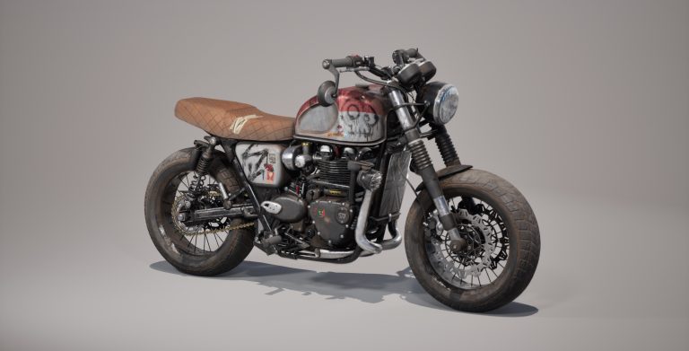 Digital 3D Prop by Grace Bishop showing a realistic T120 Motorbike with graffiti.