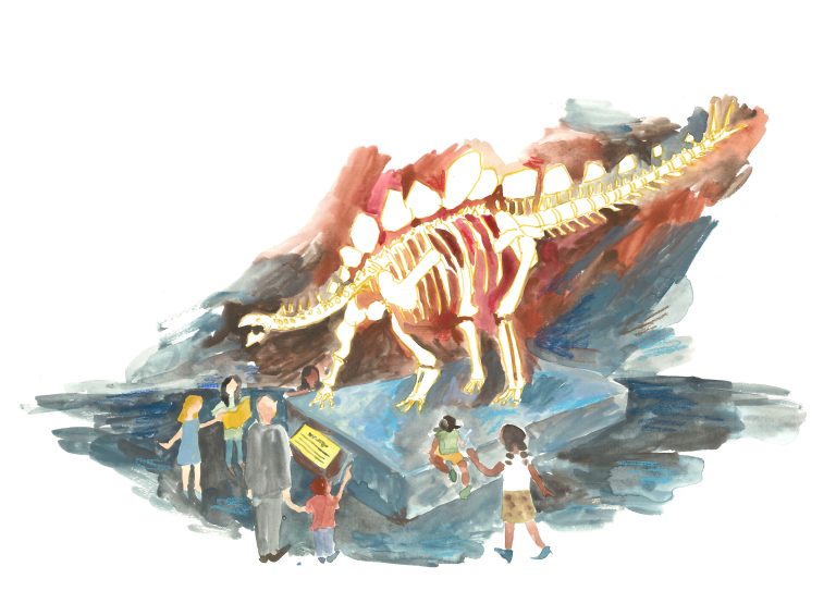 Stegosaurus fossil painting set in museum, with children in foreground.