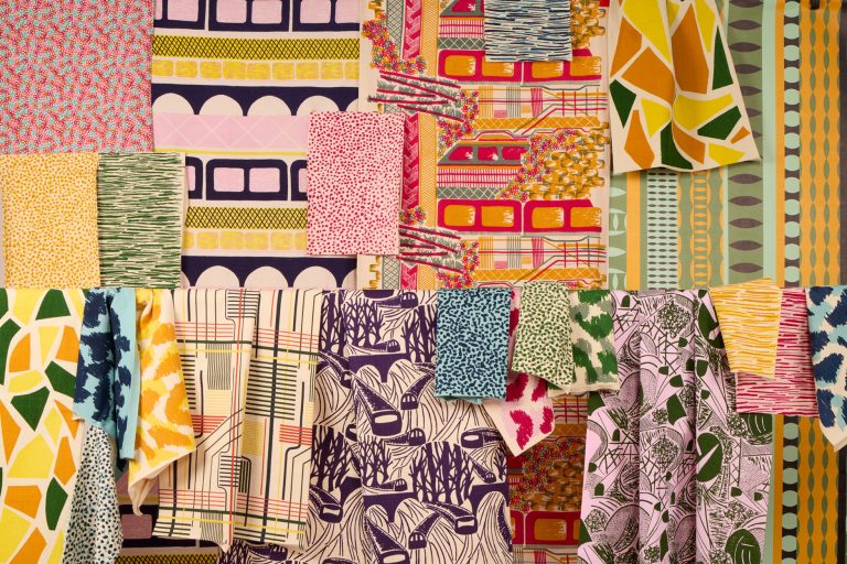 Textiles printed collection by Alice Bentley, showing screen printed and digitally printed fabrics.