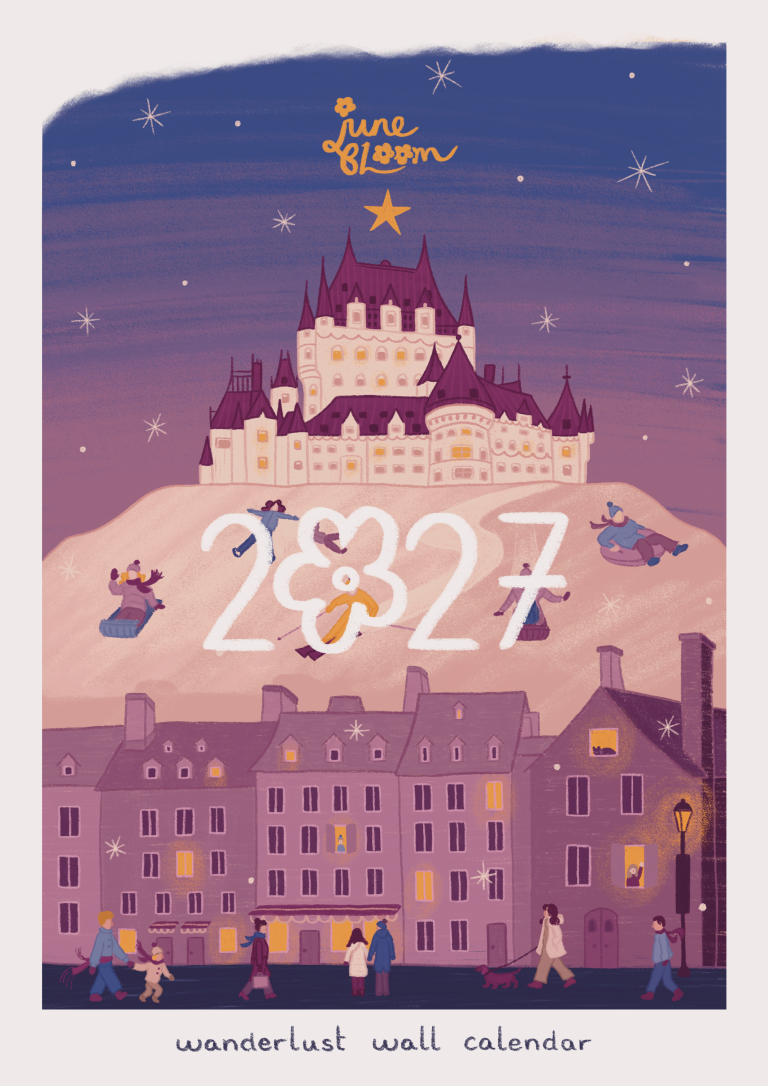 Illustration of Quebec City in January inspired by their Winter Carnival.