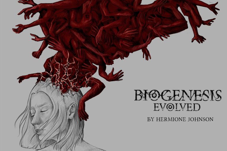 An illustrative piece showing the title of the game 'Biogenesis Evolved' alongside an image of a woman who has arms reaching out from her head.