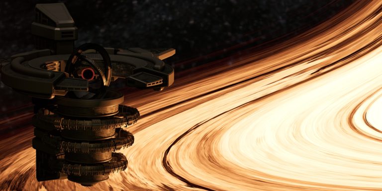 Games Art & Design work by Kalen Mercer showing a space station orbiting a black hole with rotating rings and a gyroscopic core at its centre