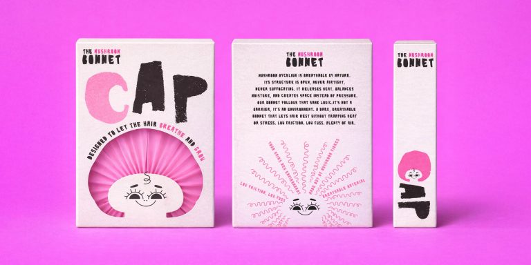 Packaging by Michelle Tibbs showing a mushroom head with a bonnet on.