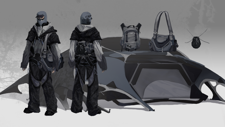BA Game Art and Design work by Matiss Kerubins showing a character sheet of a person wearing layered windbreaker style clothing beside a tent and bags.