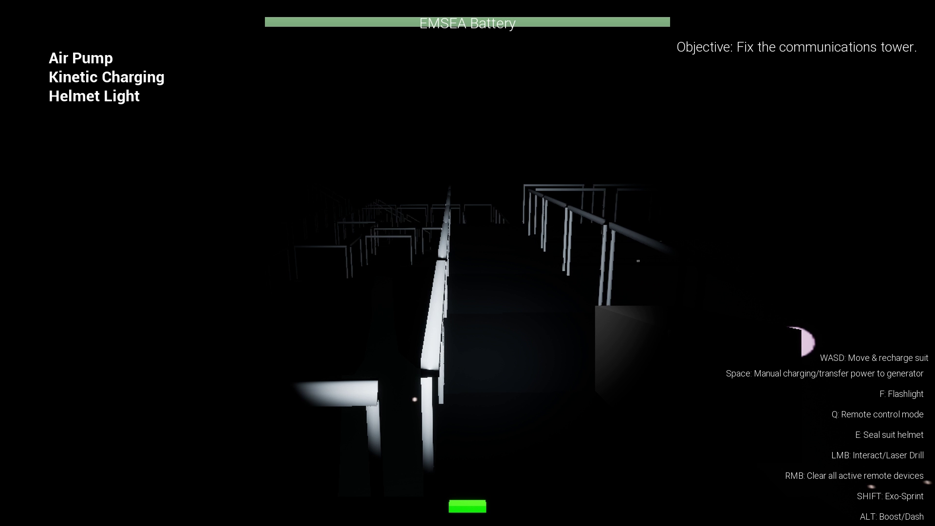 A first-person view of a dimly lit, claustrophobic sci-fi corridor inside an asteroid facility, capturing the game's tense survival horror atmosphere.