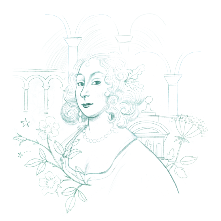 BA Illustration work by Lily Pfeil showing a drawing in green coloured pencil of a historically dressed woman surrounded by flowers and arches.