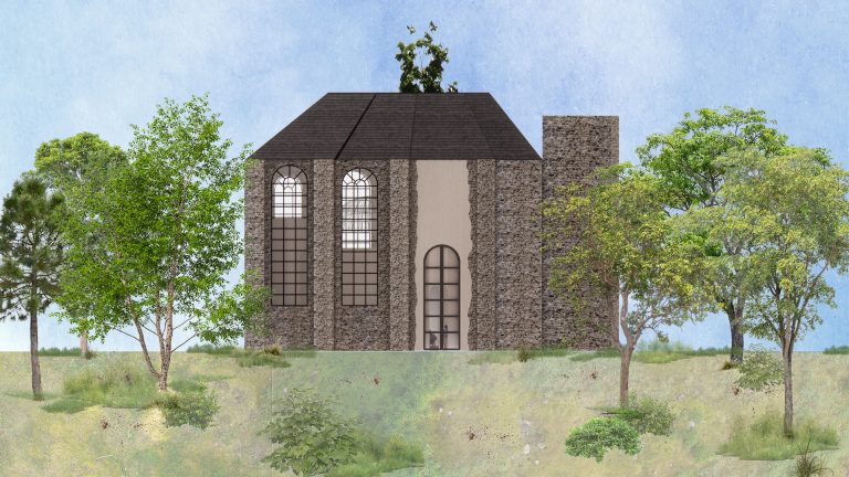 An elevation visual drawing of an adapted medieval church surrounded by woodland by Phoebe Hines.