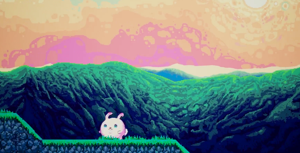 2D pixel art game with a cute bunny rabbit