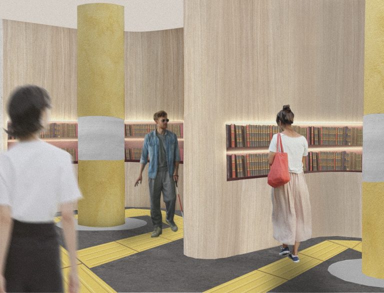 BA Interior Design work by Chloe Mouatt showing atmospheric render which explores wayfinding through bookshelves.