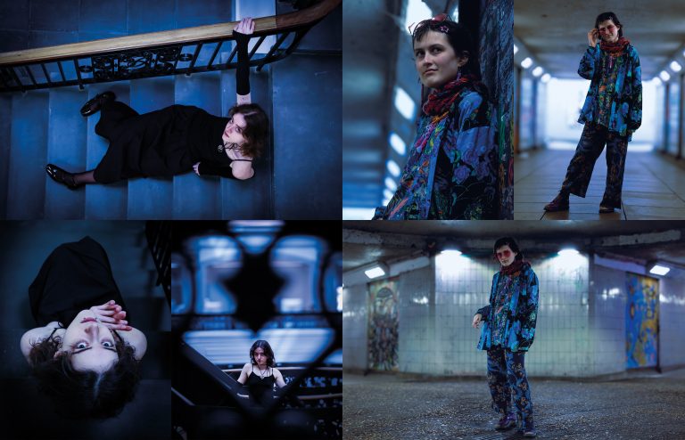 Two sets of three images depicting two models, one on a stairwell and the other in an underpass.