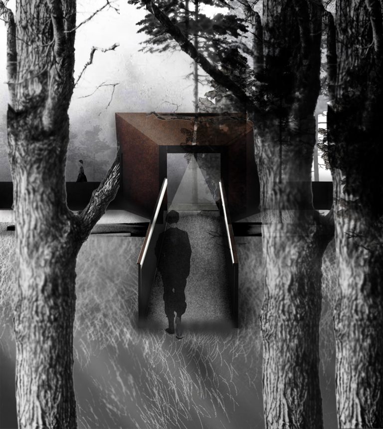Atmospheric forest entrance render with corten steel walls and silhouetted figures.