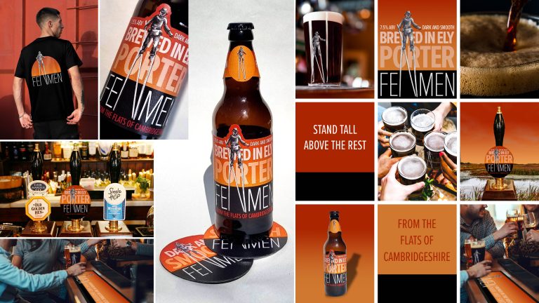 BA Graphic Design work by Amy Clifford showing an ale bottle featuring the word ‘Fenmen’ where the letter N is created by an illustration of a man on stilts.