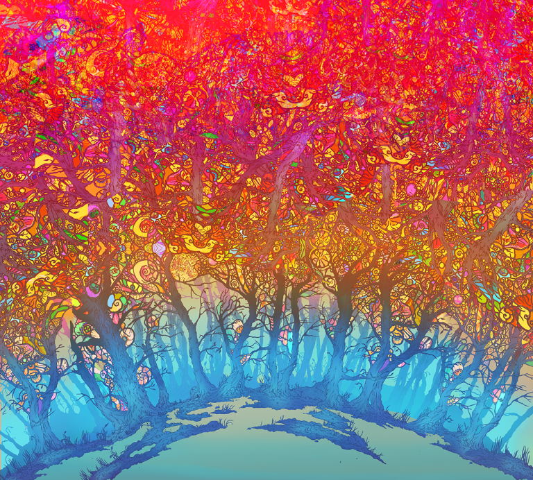 A mysterious and psychedelic forest, where stained glass takes the place of leaves.