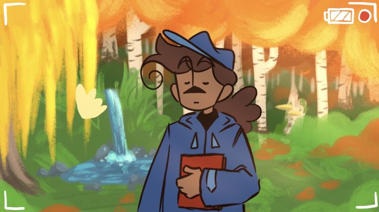 Explorer is getting ready to speak in an autumn bitch forest