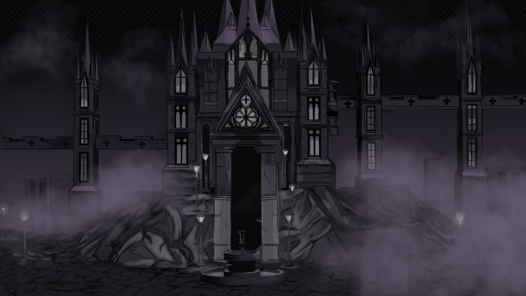 Art by Lydia Swift showing A gothic castle at night featuring fog and stained glass windows