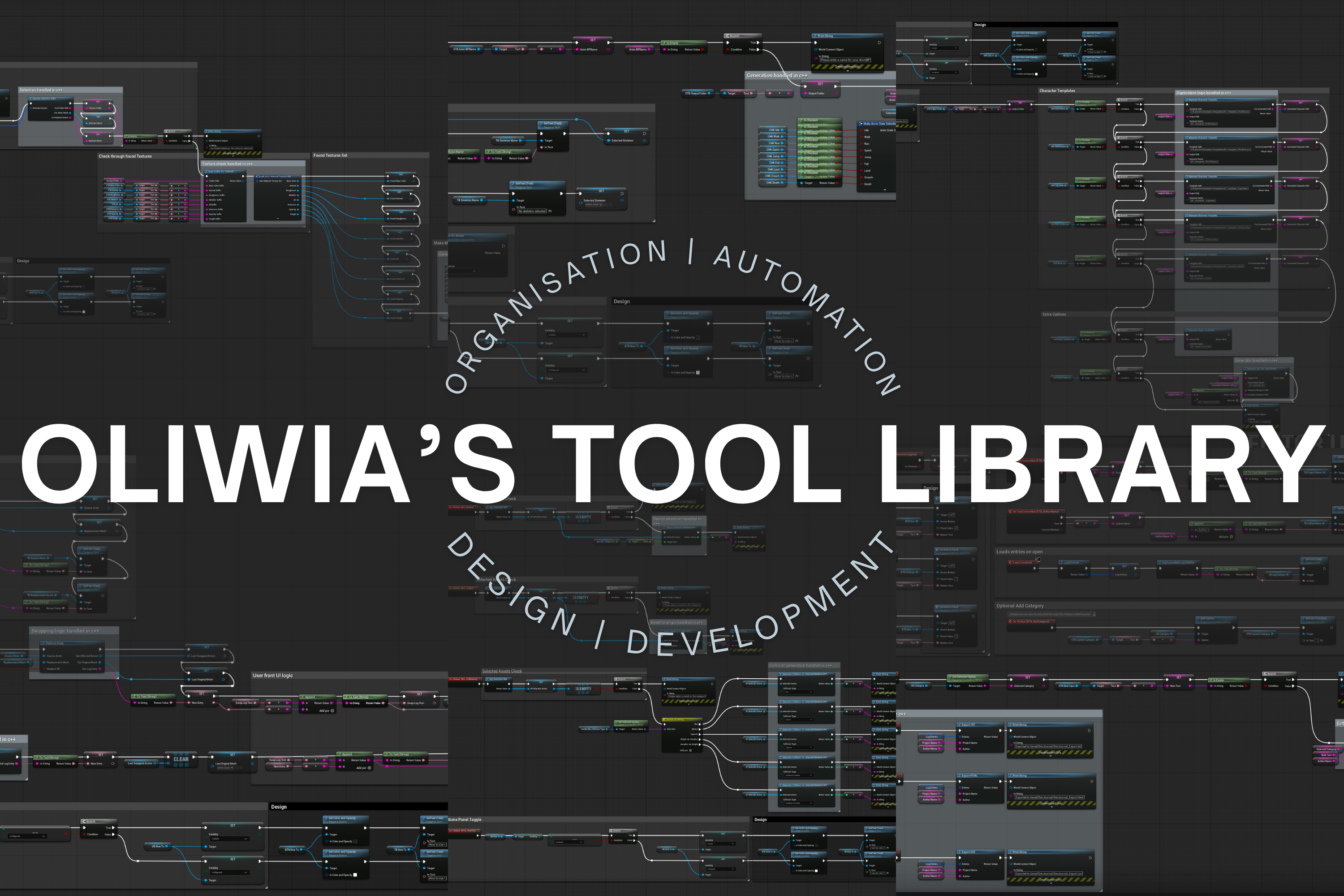 Promotional product trailer for Oliwia’s Tool Library for BA Games Art and Design showing all the editor plugins in action with title cards and transitions