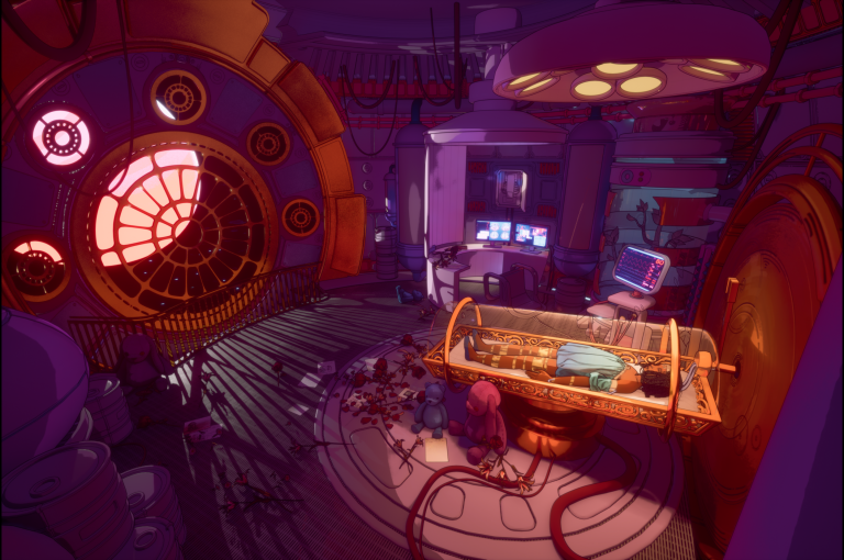 A spaceship room containing machinery with a girl inside.