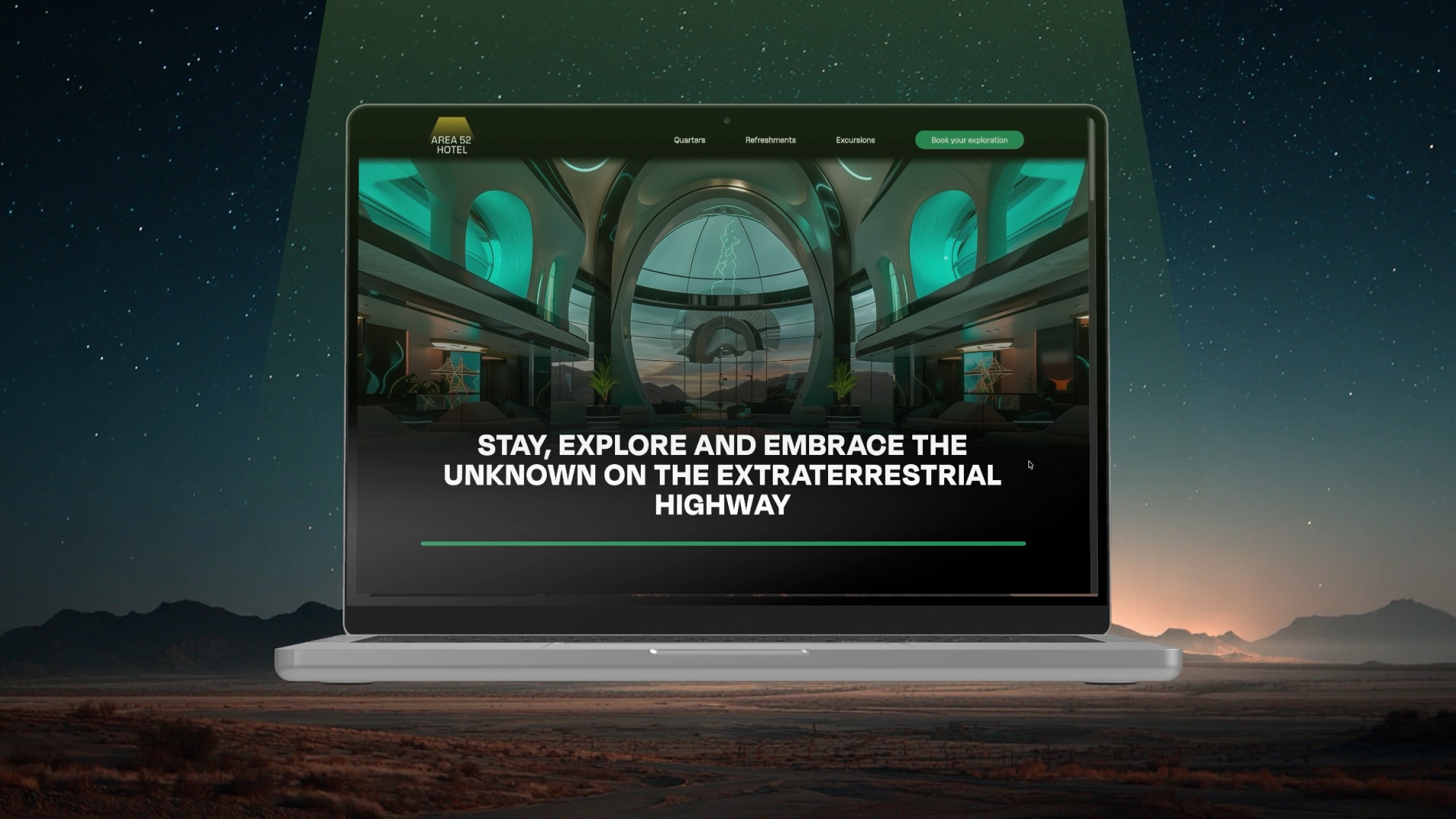 “A laptop mockup floating in the Nevada desert being tractor beamed into starry sky”