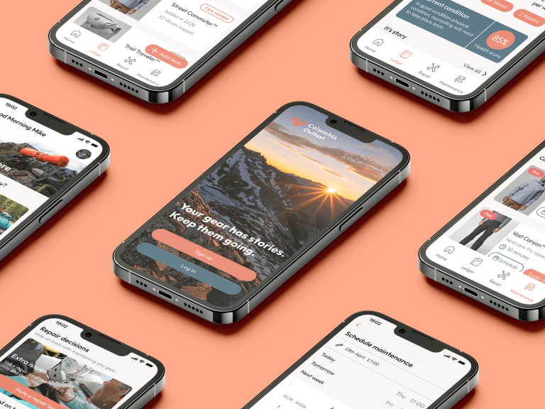 User Experience Design work by Naomi Coke showing multiple app screens laid out against a bright background.