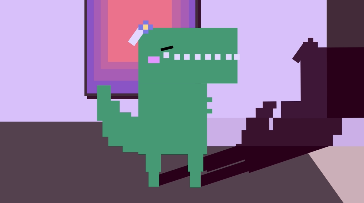 Reductive style animation of a dinosaur crashing the wedding of the square shaped bride and groom.