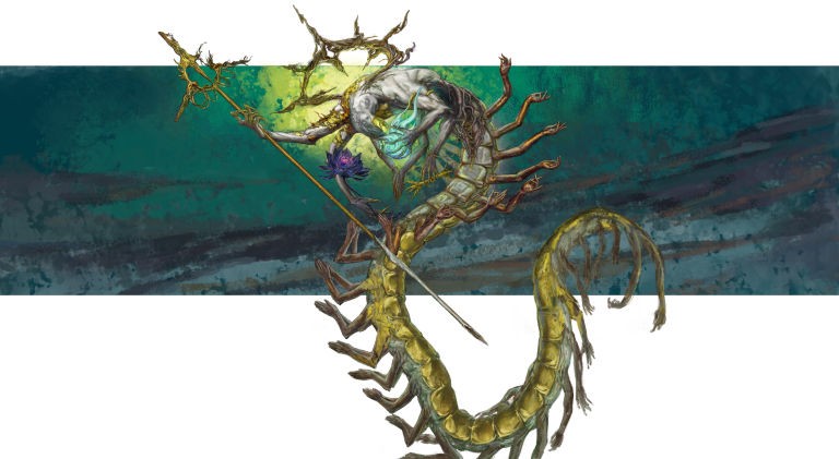 Concept art by Tu Nguyen depicting a corrupted god with centipede limbs, hollow abdomen, and golden armour, inspired by Vietnamese mythology and Buddhist iconography.