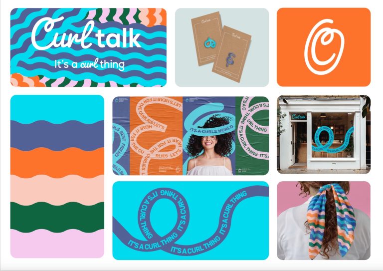 Colourful branding for Curl Talk, featuring wave-inspired patterns, playful typography and vibrant applications across posters, packaging, storefronts and digital design celebrating curls, confidence and community.