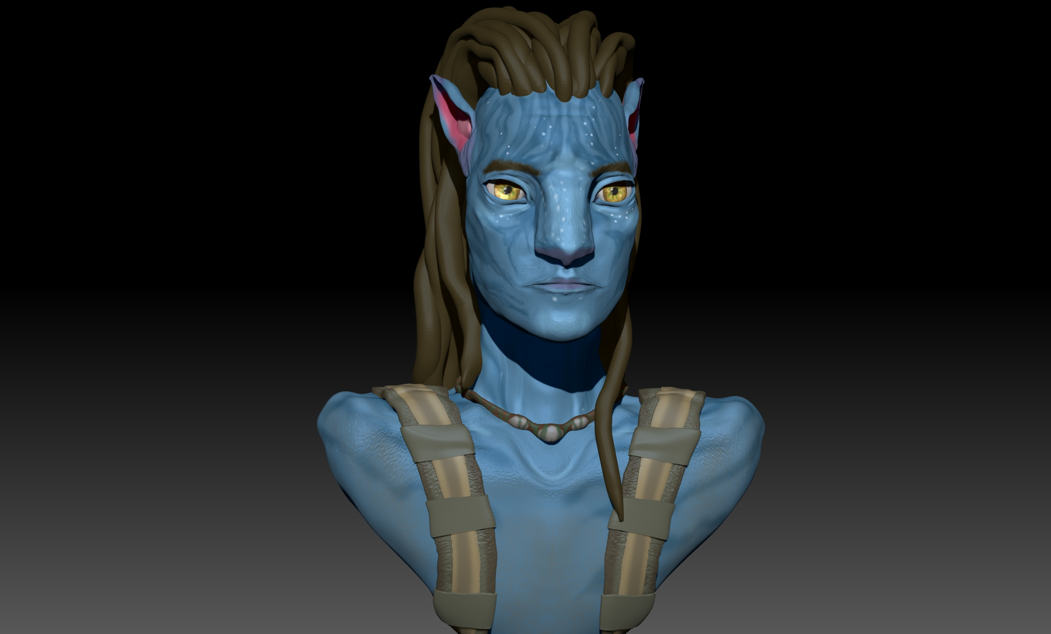 BA Games Art &Design by Zara Peace, this shows a fan made bust of popular character Jake Sully from the Avatar movie series. Sculpted and textured in Zbrush using polypaint.