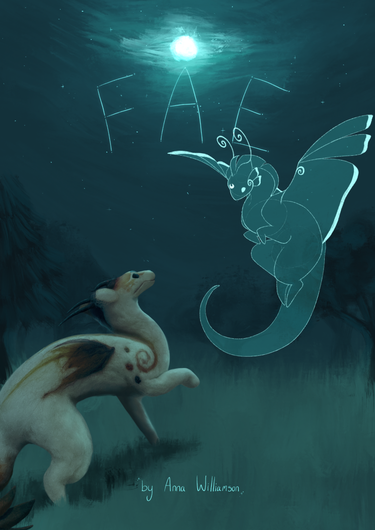 A poster featuring two dragons in a field at nighttime, captioned ‘FAE’.