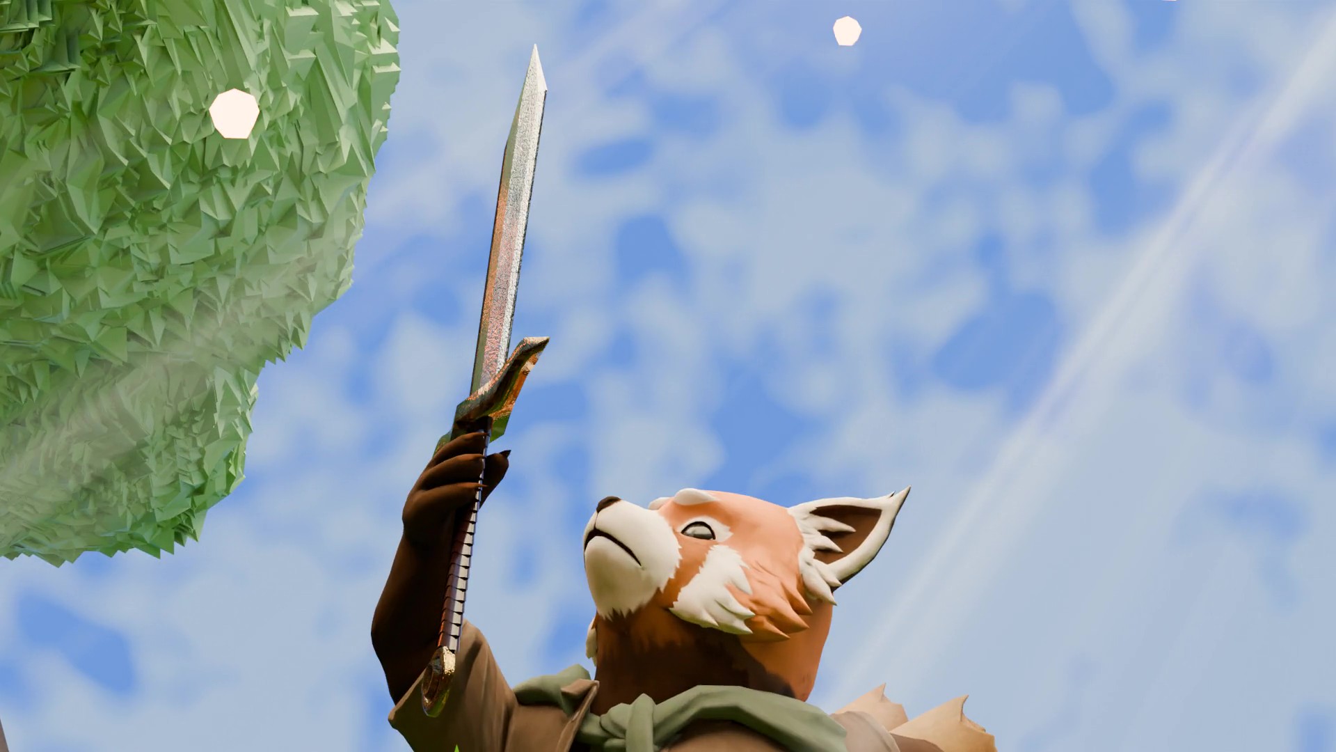 This short animation showcases a young Anthropomorphic Red Panda discovering a Sword in a Stone, attempting to pull it free, surrounded by floating lights and old walls.