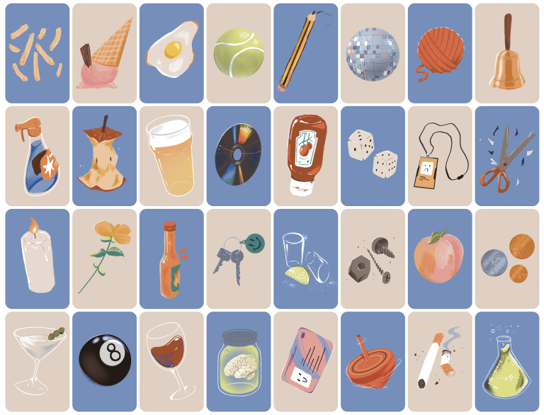 BA Illustration work by Dex Legon, showing a range of illustrated everyday objects on blue and beige playing cards, arranged in a checkerboard.
