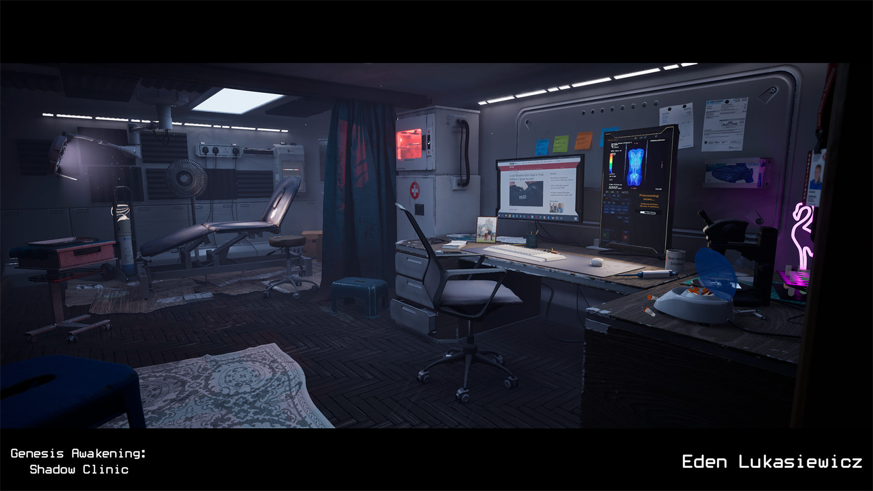 Scene depicts a small futuristic apartment room set in 2060 that appears to be a bedroom converted into a local surgery and GP space with a clinic bed, surgery utensils, light, and desk setup.