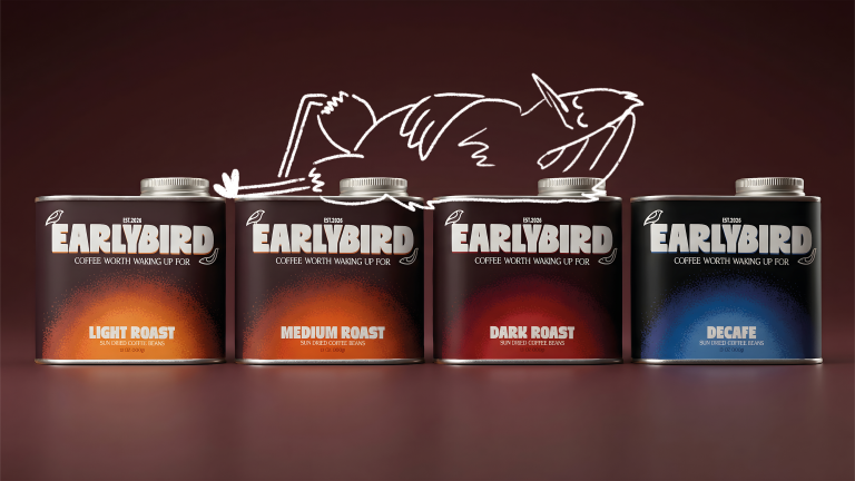 package design by Jay Griffin showing colourful sun rise coffee tins