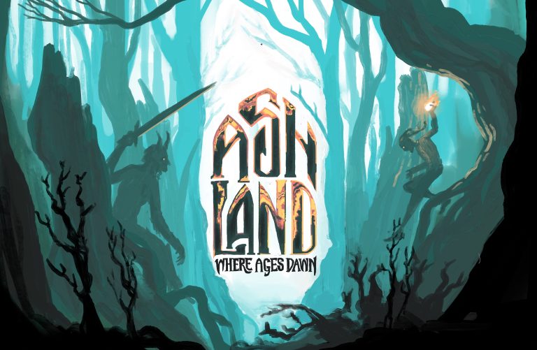 Game poster featuring two silhouetted figures about to engage in combat in a forest during twilight