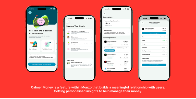 BSc User Experience Design work by Amy Williams showing a feature within Monzo called Calmer Money.