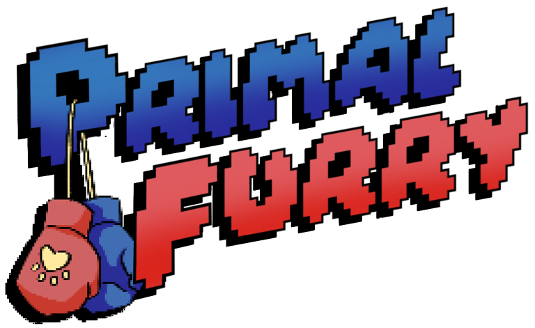 Logo in the pixel-style of retro arcade machines, with the words 'Primal Furry' with boxing gloves dangling down.