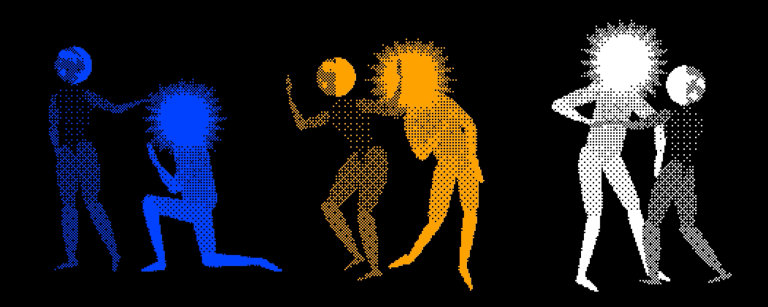 An abstract illustration by Amelia Ward showing the sun and moon dancing