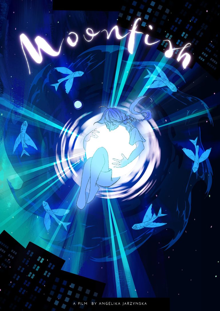 A poster of a girl holding the moon surrounded by fish.