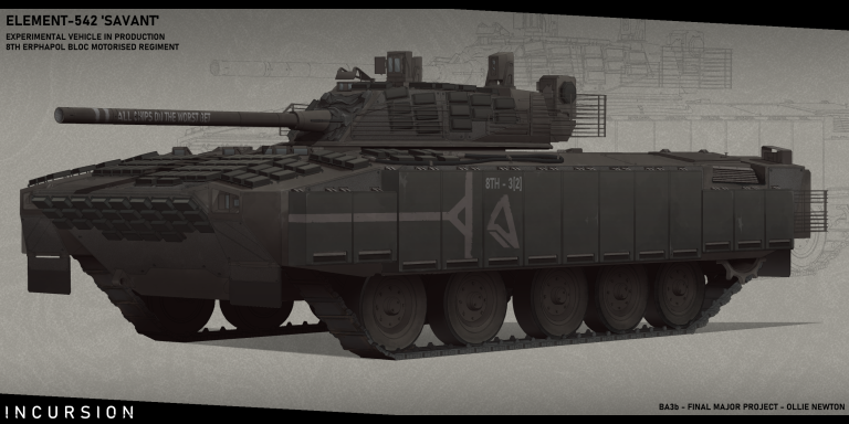 Final Major Project Prototype Vehicle concept by Ollie Newton showing an infantry fighting vehicle, tailored to fight in urban areas with additional armour packages and an advanced armament system.
