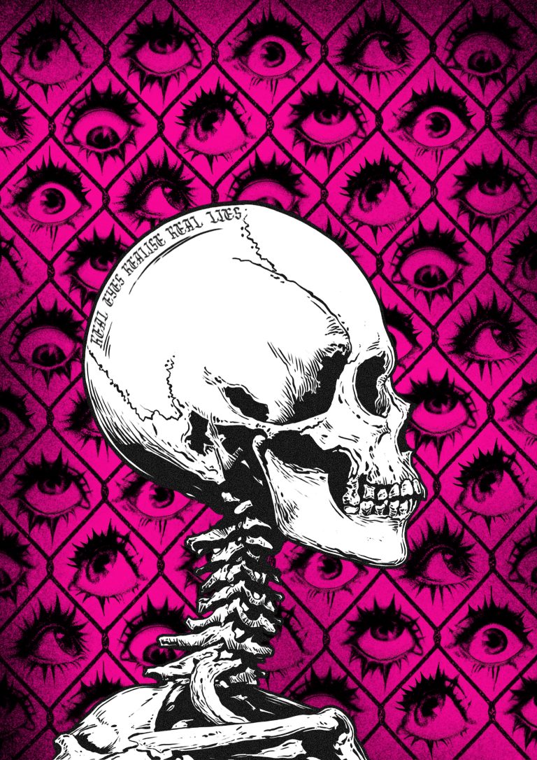 BA Illustration work by Matthew Moerdyk, created for large-scale silkscreen prints, featuring a skeletal figure against a vivid pink background of repeated eyes, exploring themes of surveillance and oppression.
