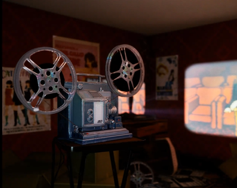 A 3D scene of a dark dressing room with a projector, showing a film of a girl in a movie theatre, flickering.