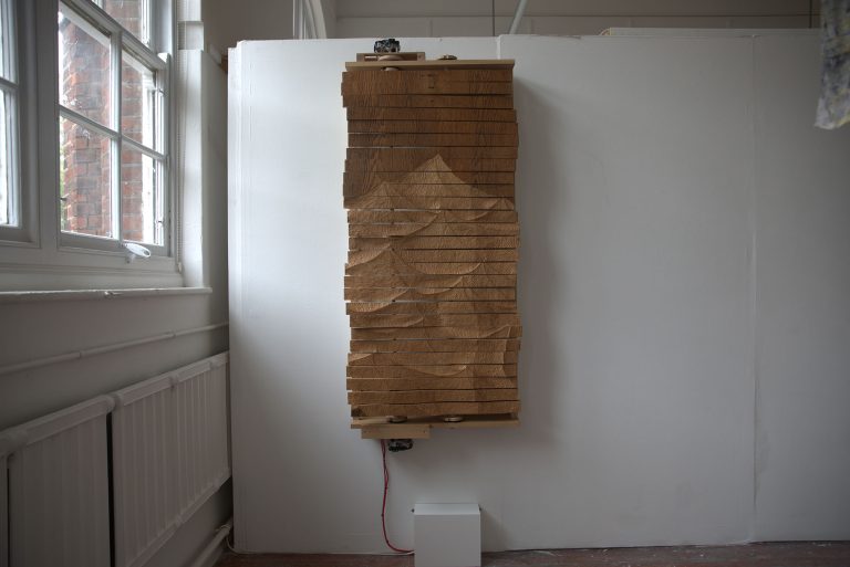 Fine Art Moving Scullptrue by Josie Davies, The peice was once a old Oak desk which I carved and turned into a moving wave automaton.