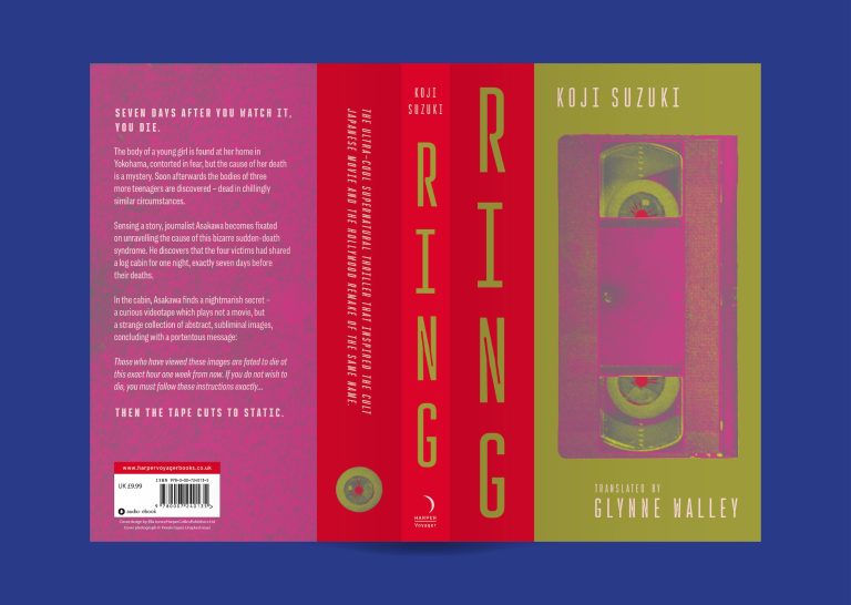 Front and back cover with spine of the book ‘Ring’ depicting a colourful VHS tape with eyeballs instead of tape