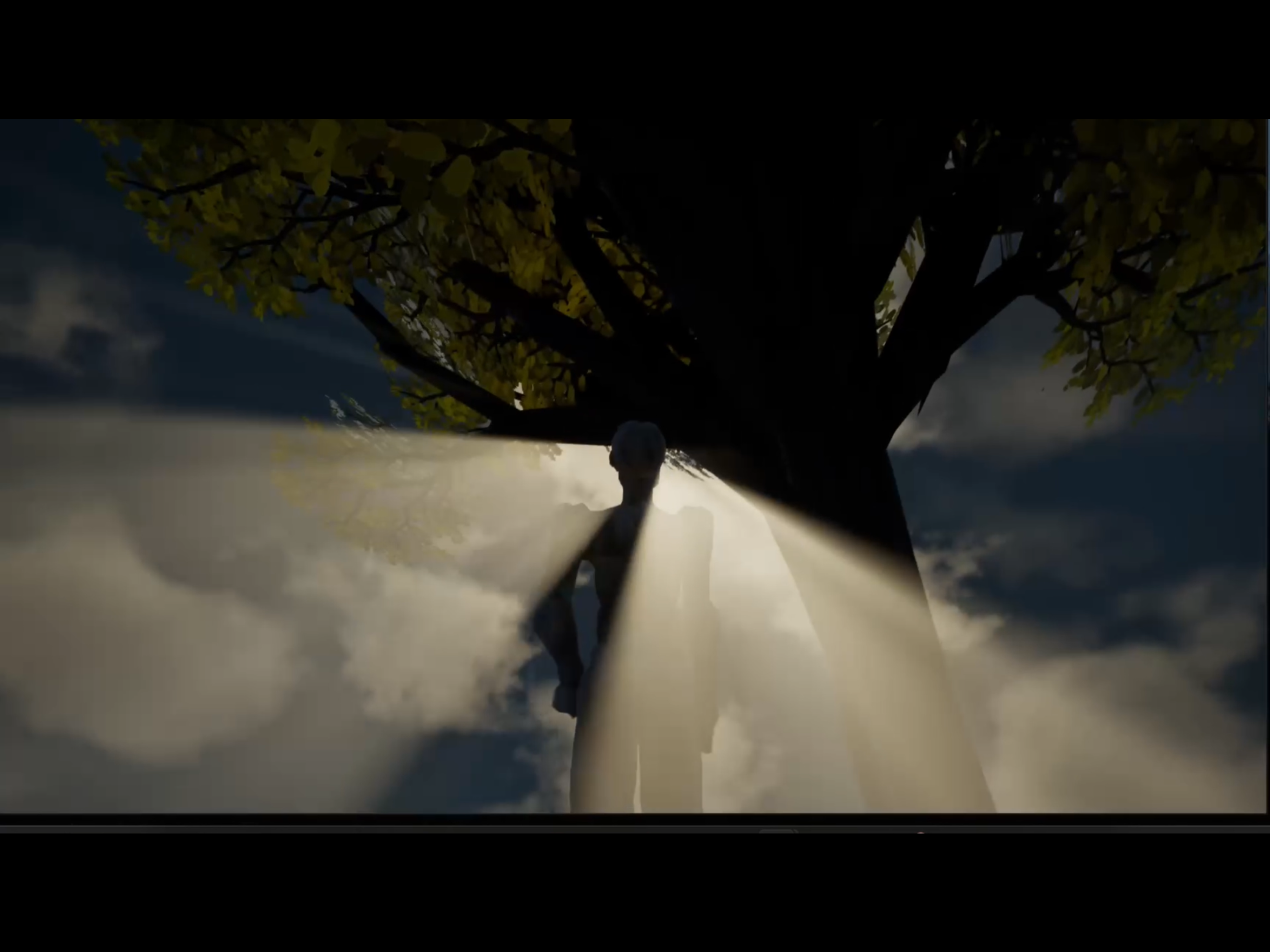 A tree grows up in front of a person who then jumps into the tree and karate chops some branches off.
