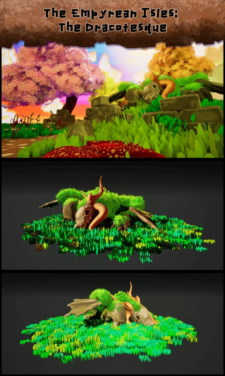 Game asset diorama by Dec Davenport depicting an ancient draconic creature lying down a fantasy setting.