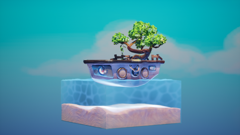 Shown is a boat sailing atop a cube of water. On board the boat is an apple tree.