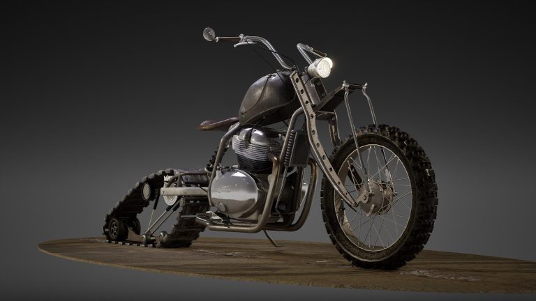 BA Games Art and Design work of a rat rod postapocalyptic Royal Enfield motorcycle
