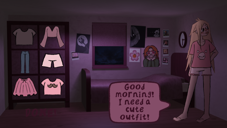 A stylised digital drawing showing a girl in her bedroom