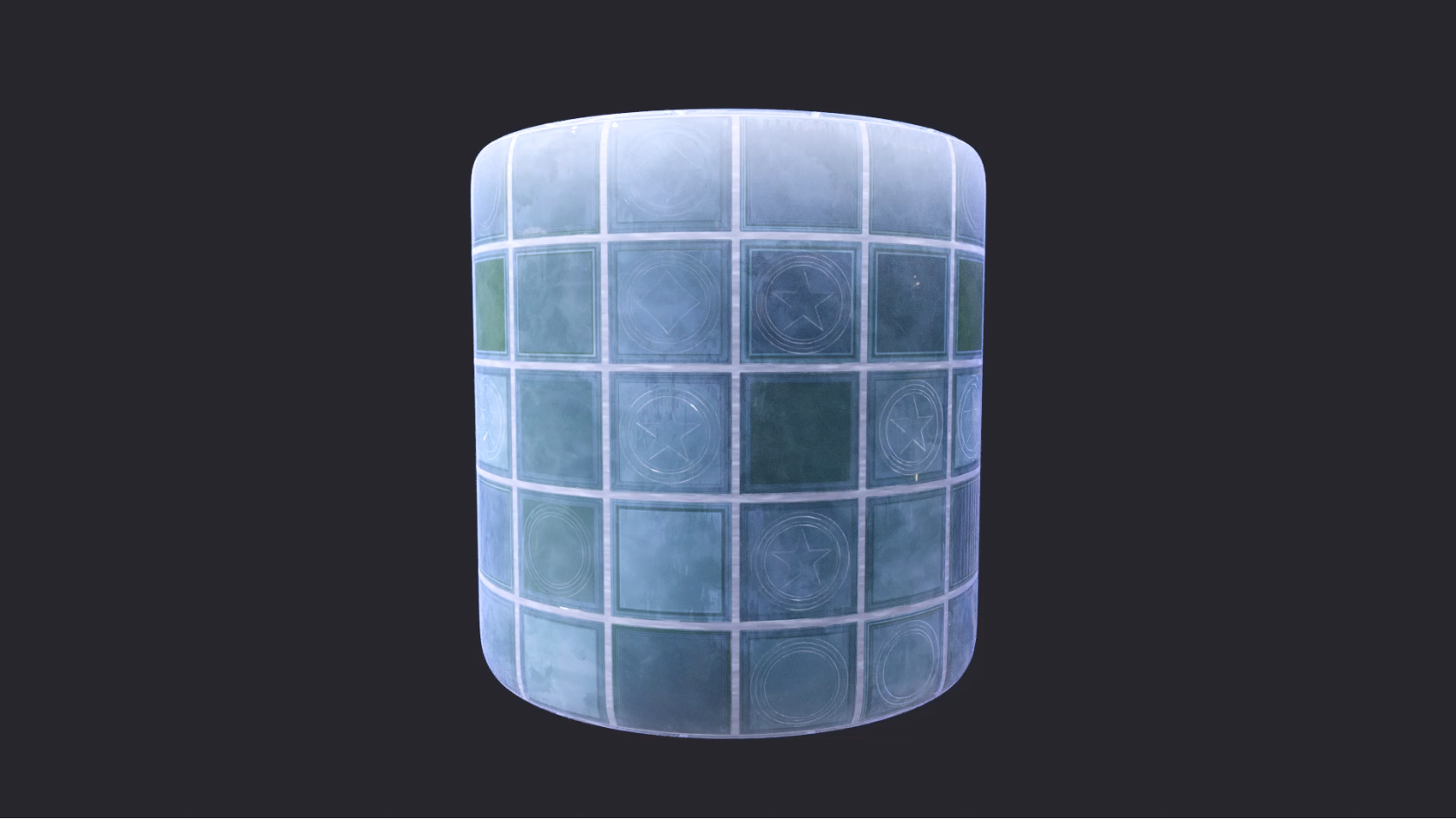 A turnaround of a cylinder with a glass block material applied.