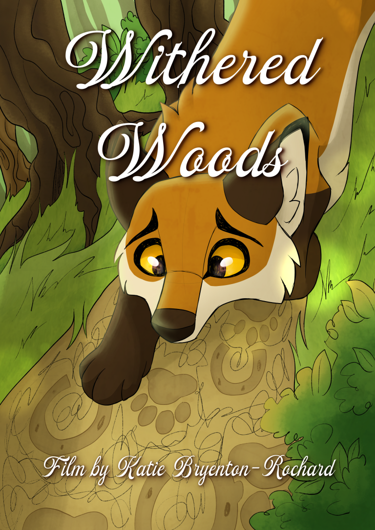 BA Animation poster designed by Katie Bryenton-Rochard depicting a fox finding horse and dog prints in the ground.